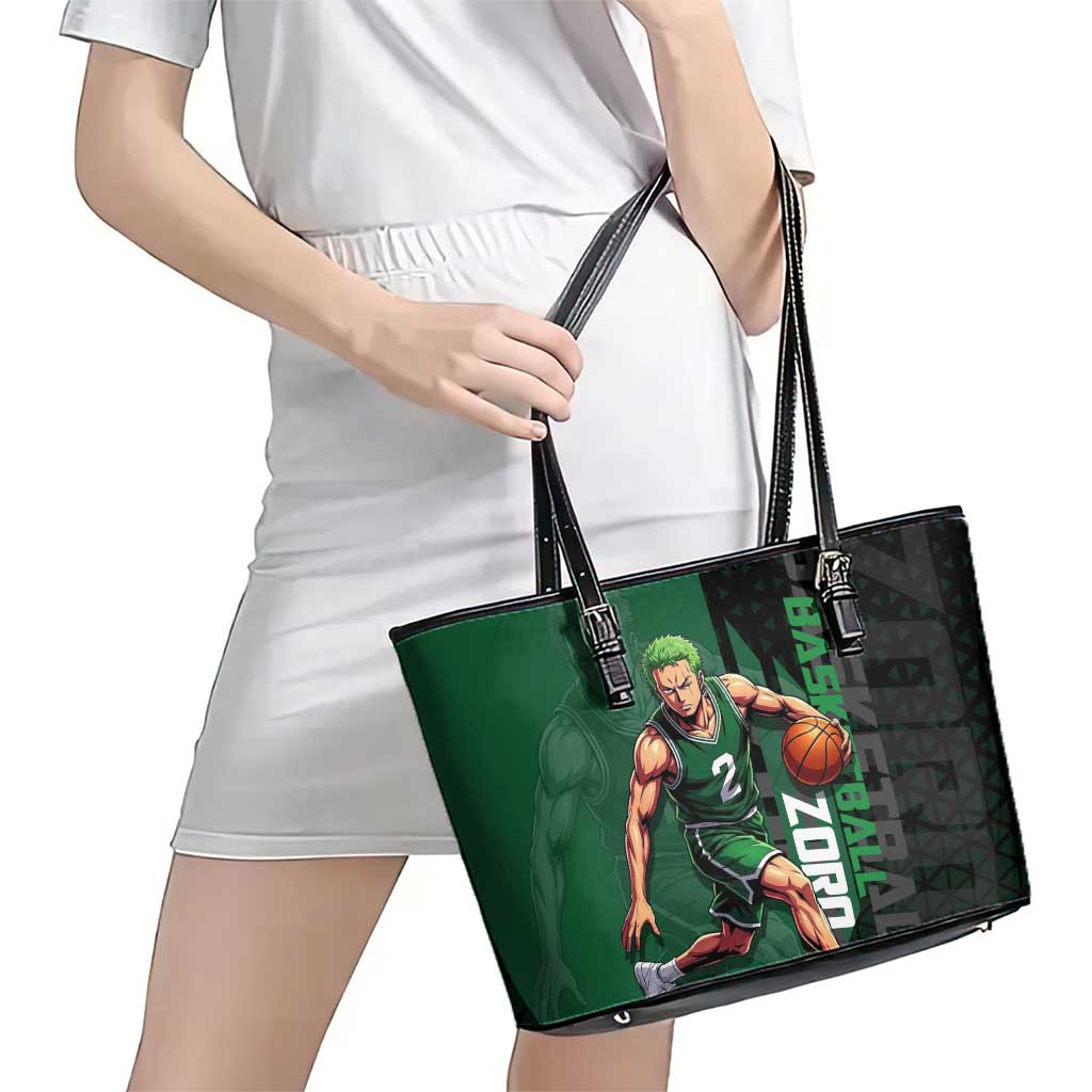 Zoro One Piece Basketball Theme Green and Black Design Leather Tote Bag with Swordsman Logo and Action Dribble Pose - The Mazicc