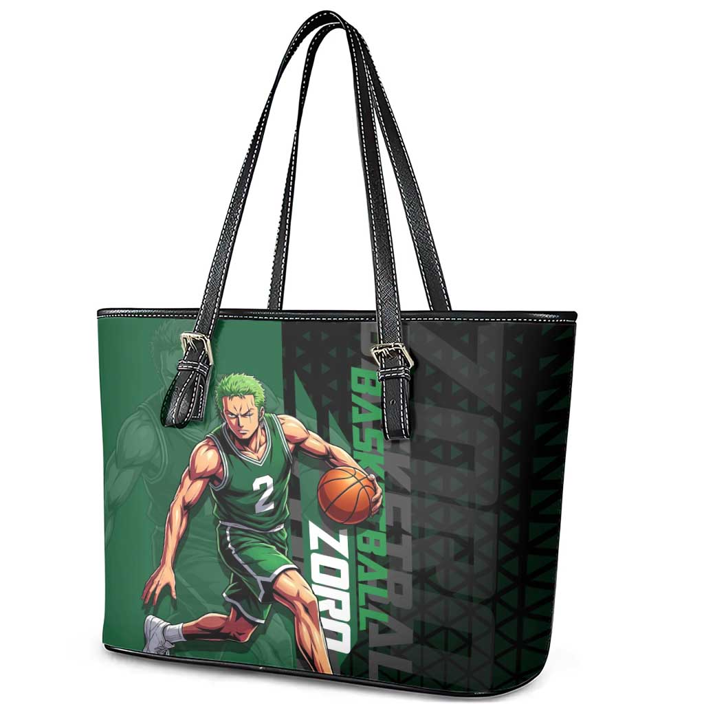 Zoro One Piece Basketball Theme Green and Black Design Leather Tote Bag with Swordsman Logo and Action Dribble Pose - The Mazicc