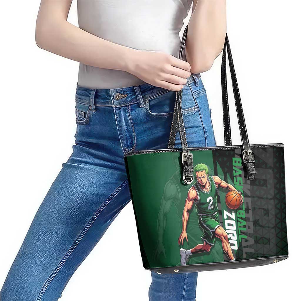 Zoro One Piece Basketball Theme Green and Black Design Leather Tote Bag with Swordsman Logo and Action Dribble Pose - The Mazicc