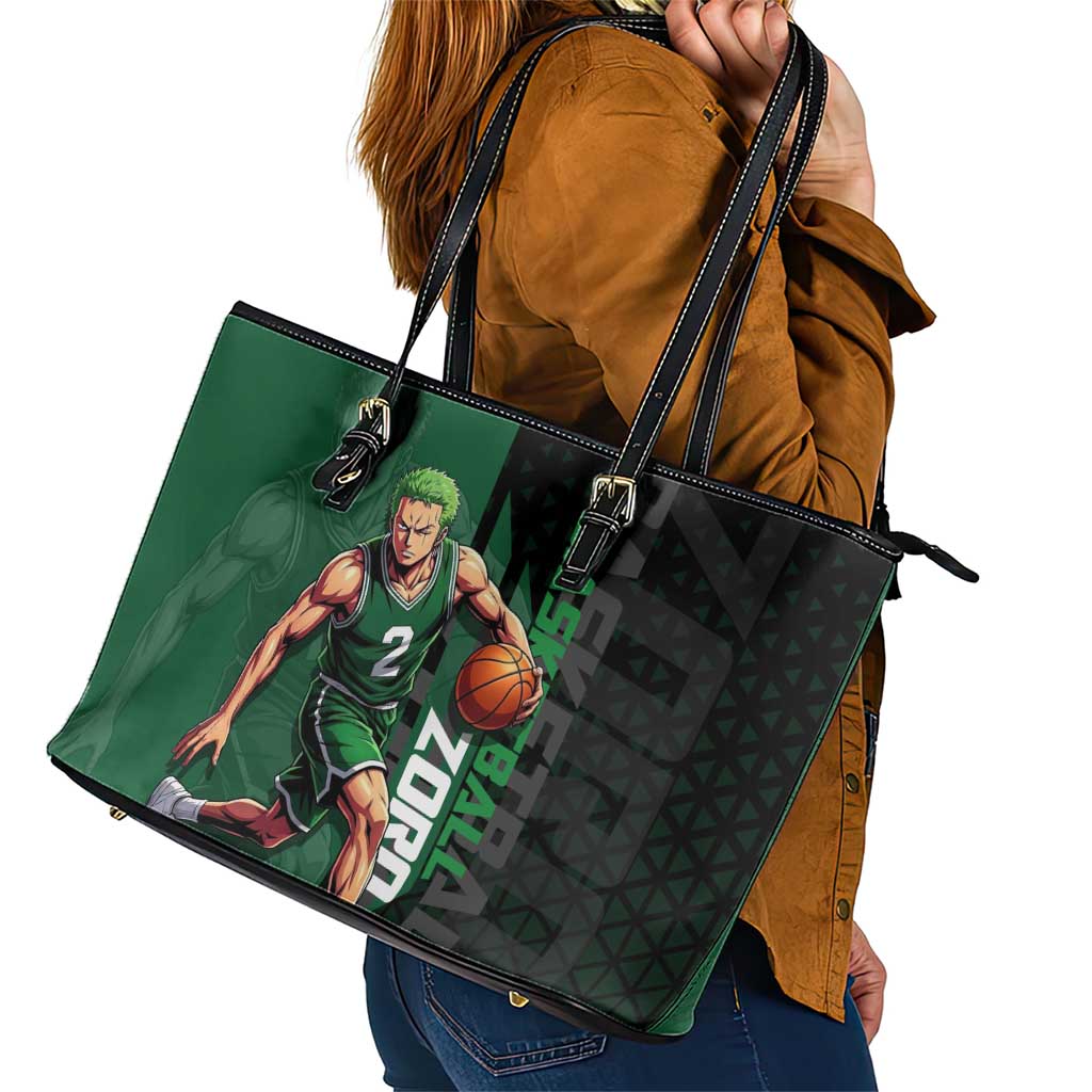 Zoro One Piece Basketball Theme Green and Black Design Leather Tote Bag with Swordsman Logo and Action Dribble Pose - The Mazicc
