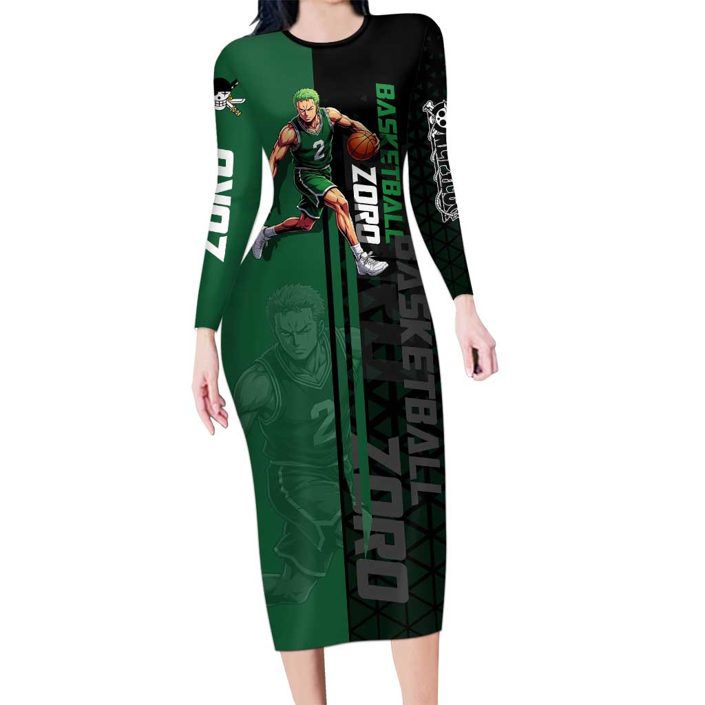 Zoro One Piece Basketball Theme Green and Black Design Long Sleeve Bodycon Dress with Swordsman Logo and Action Dribble Pose - The Mazicc