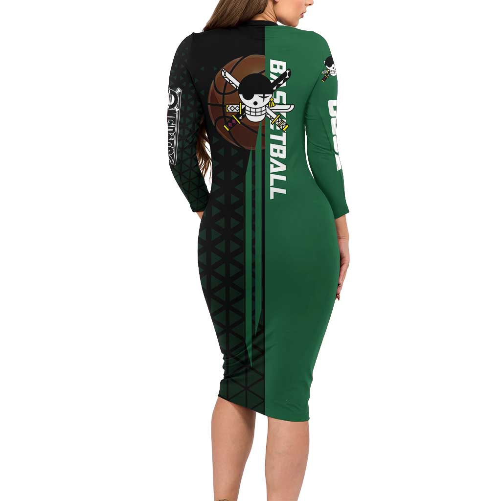 Zoro One Piece Basketball Theme Green and Black Design Long Sleeve Bodycon Dress with Swordsman Logo and Action Dribble Pose - The Mazicc