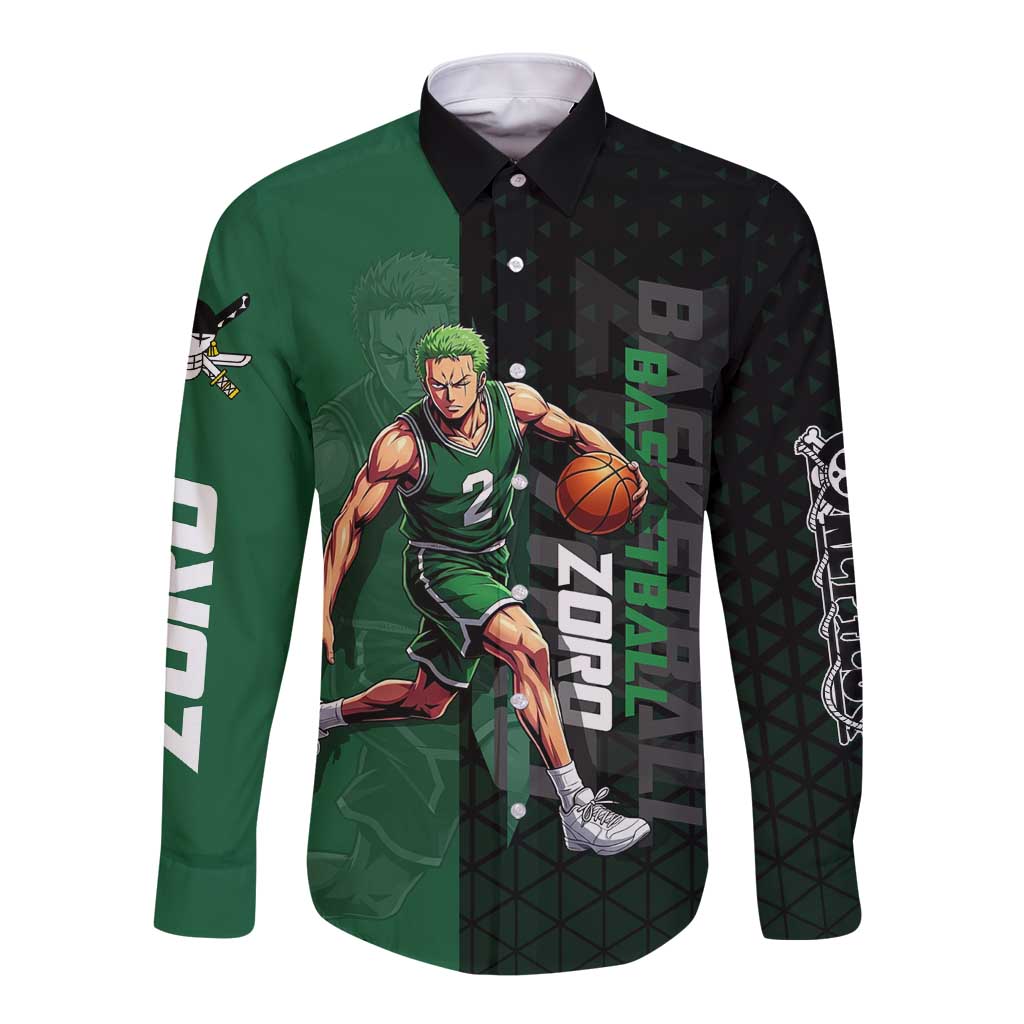 Zoro One Piece Basketball Theme Green and Black Design Long Sleeve Button Shirt with Swordsman Logo and Action Dribble Pose - The Mazicc