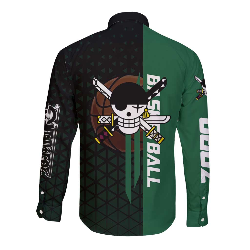 Zoro One Piece Basketball Theme Green and Black Design Long Sleeve Button Shirt with Swordsman Logo and Action Dribble Pose - The Mazicc