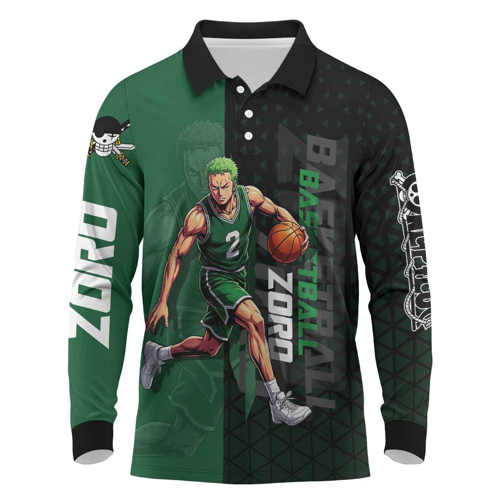 Zoro One Piece Basketball Theme Green and Black Design Long Sleeve Polo Shirt with Swordsman Logo and Action Dribble Pose - The Mazicc