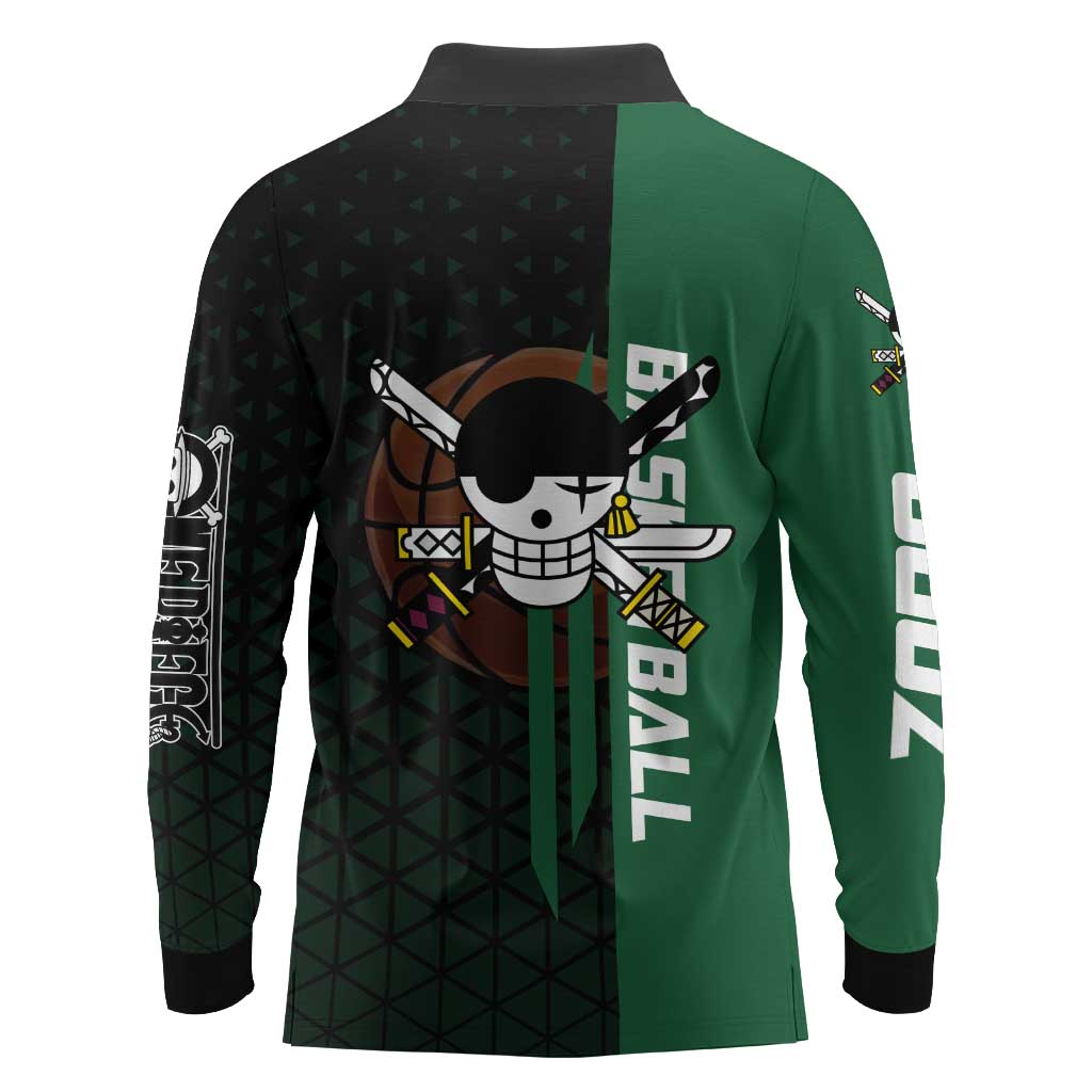 Zoro One Piece Basketball Theme Green and Black Design Long Sleeve Polo Shirt with Swordsman Logo and Action Dribble Pose - The Mazicc