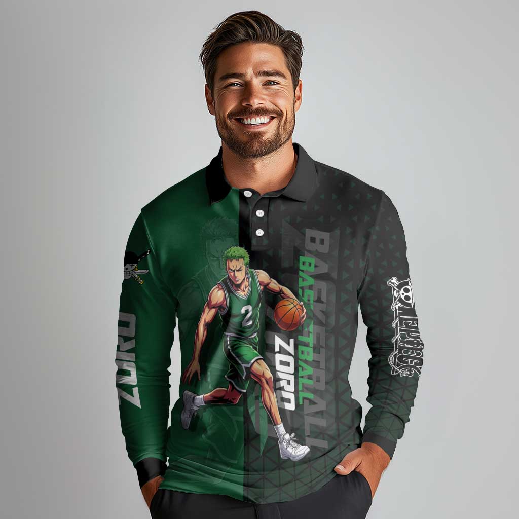 Zoro One Piece Basketball Theme Green and Black Design Long Sleeve Polo Shirt with Swordsman Logo and Action Dribble Pose - The Mazicc