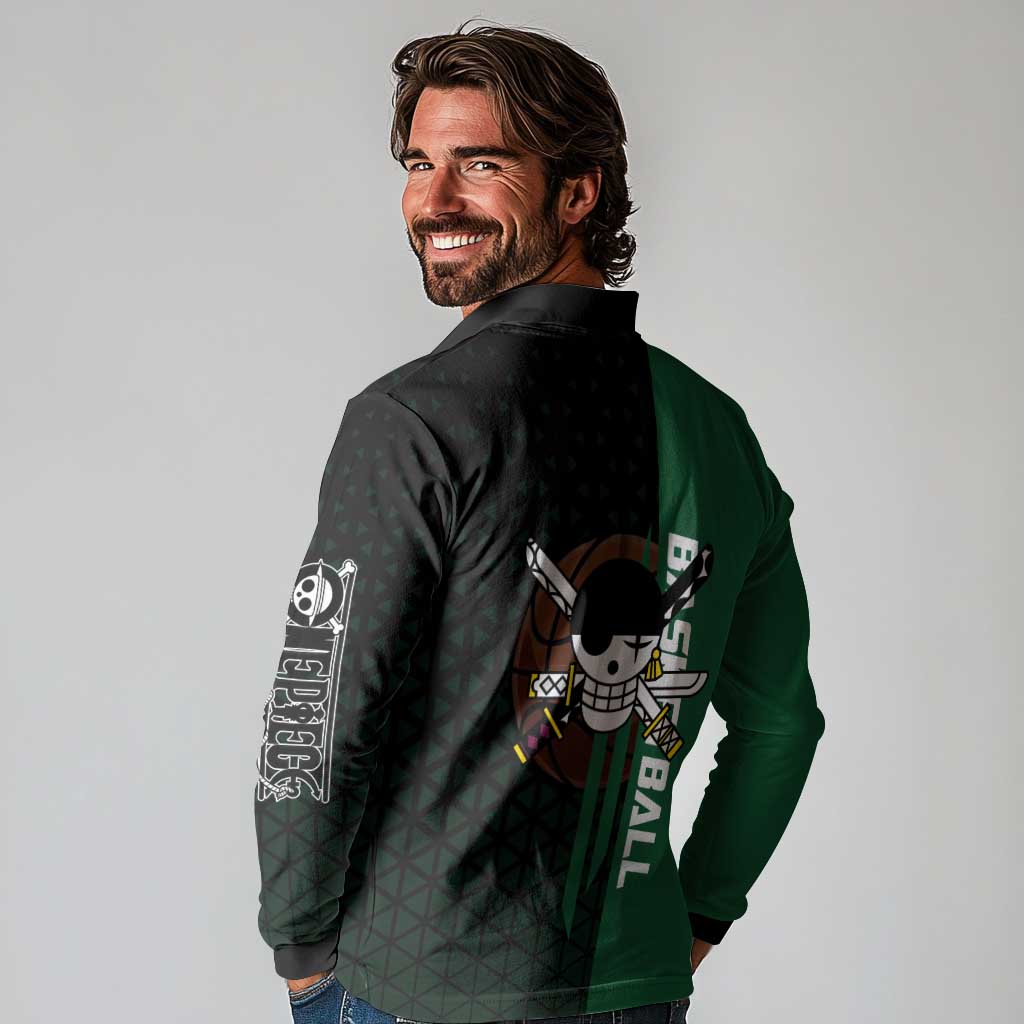 Zoro One Piece Basketball Theme Green and Black Design Long Sleeve Polo Shirt with Swordsman Logo and Action Dribble Pose - The Mazicc