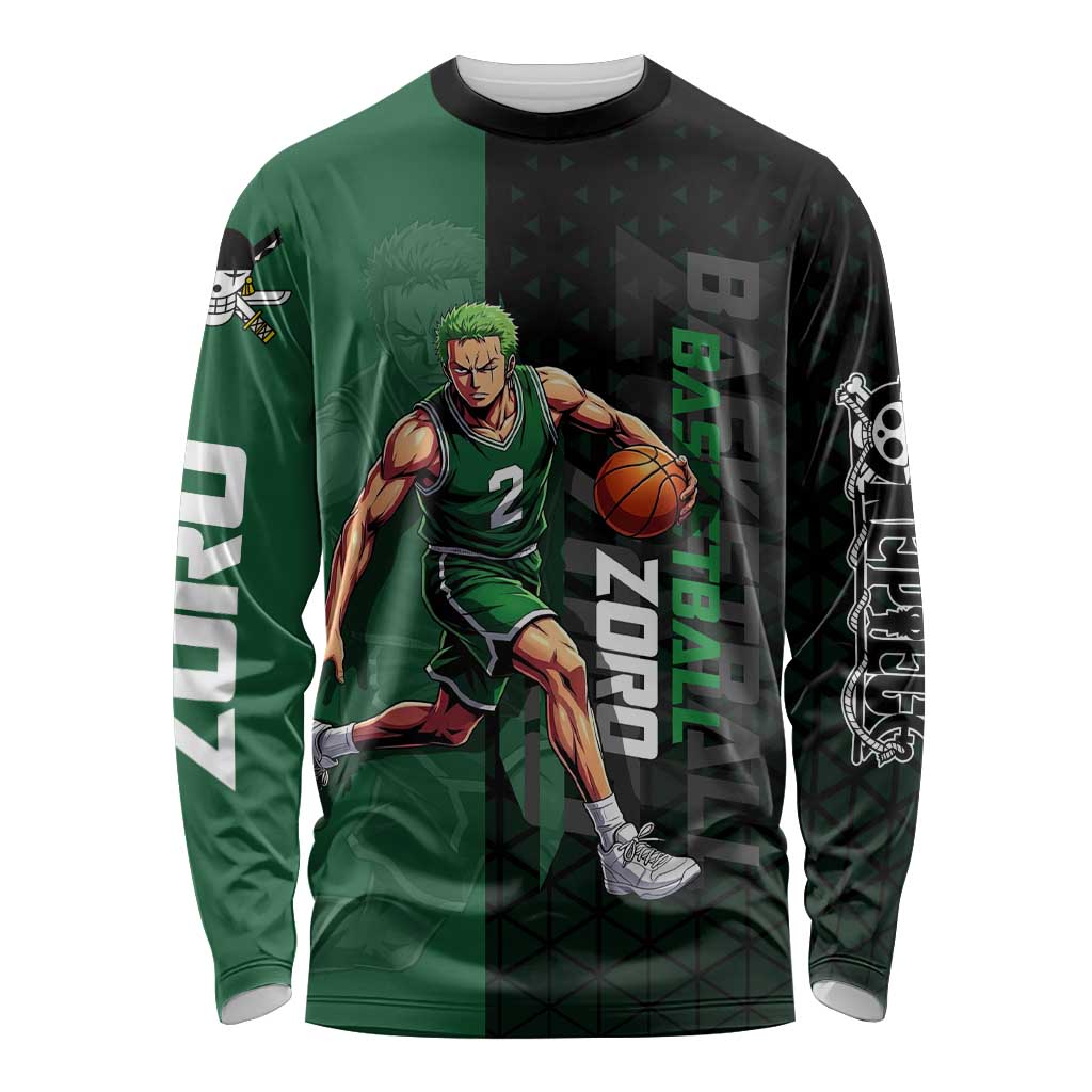 Zoro One Piece Basketball Theme Green and Black Design Long Sleeve Shirt with Swordsman Logo and Action Dribble Pose - The Mazicc