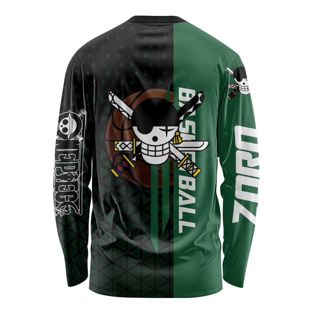 Zoro One Piece Basketball Theme Green and Black Design Long Sleeve Shirt with Swordsman Logo and Action Dribble Pose - The Mazicc