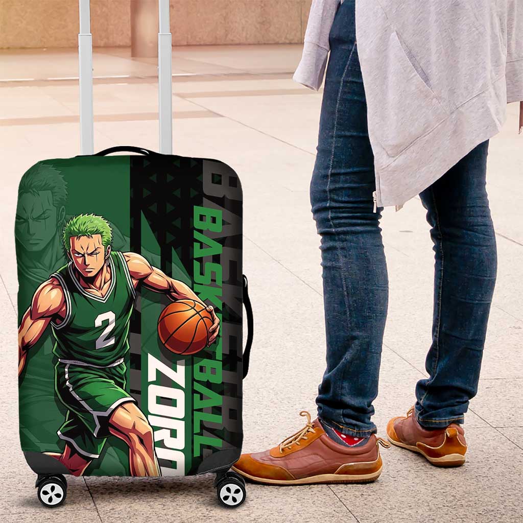 Zoro One Piece Basketball Theme Green and Black Design Luggage Cover with Swordsman Logo and Action Dribble Pose - The Mazicc