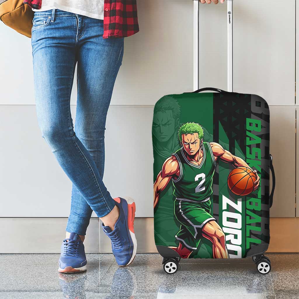 Zoro One Piece Basketball Theme Green and Black Design Luggage Cover with Swordsman Logo and Action Dribble Pose - The Mazicc