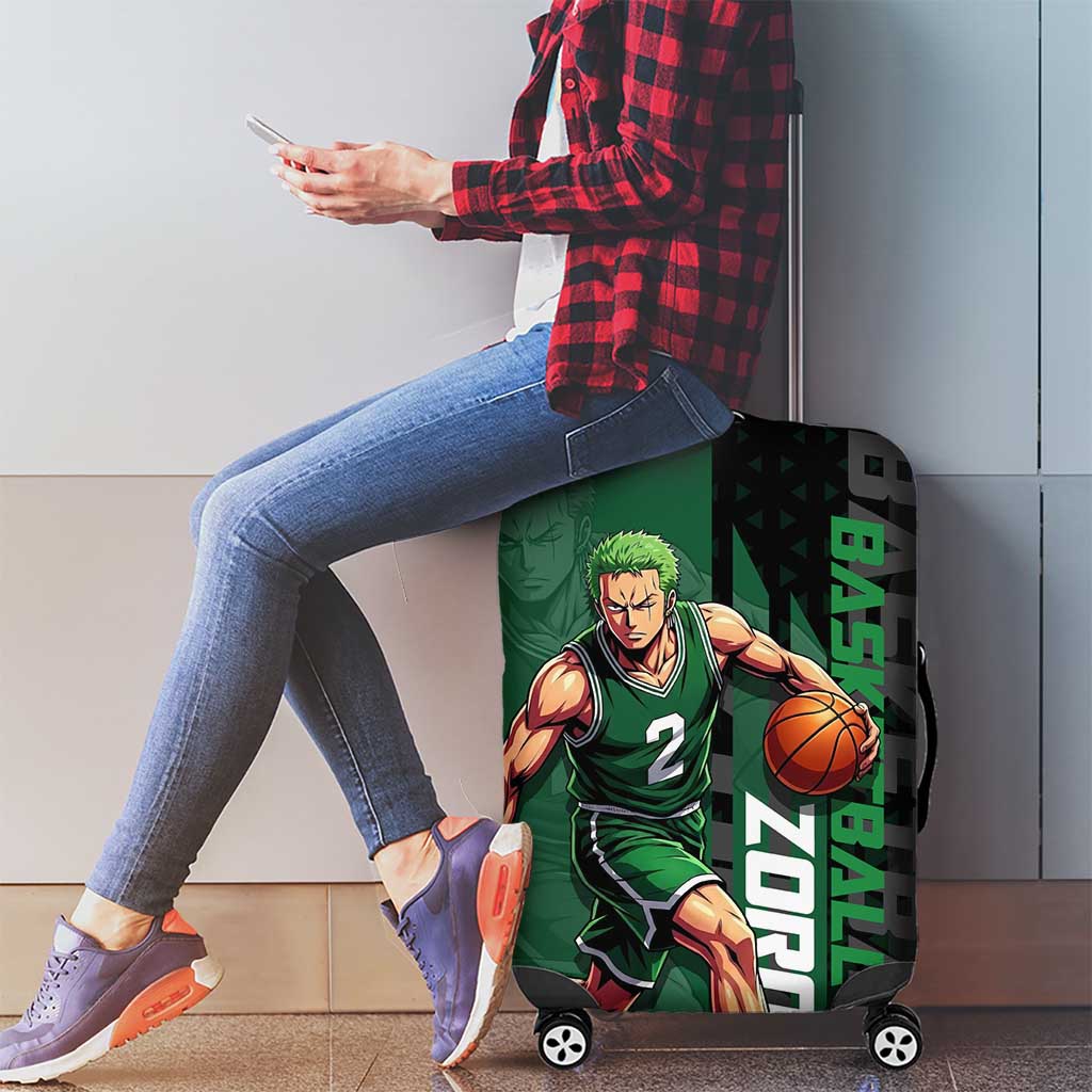 Zoro One Piece Basketball Theme Green and Black Design Luggage Cover with Swordsman Logo and Action Dribble Pose - The Mazicc