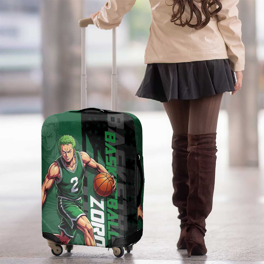 Zoro One Piece Basketball Theme Green and Black Design Luggage Cover with Swordsman Logo and Action Dribble Pose - The Mazicc
