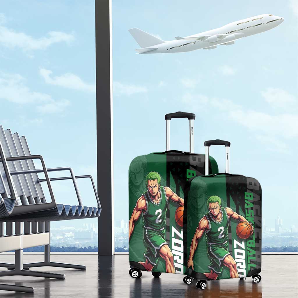 Zoro One Piece Basketball Theme Green and Black Design Luggage Cover with Swordsman Logo and Action Dribble Pose - The Mazicc