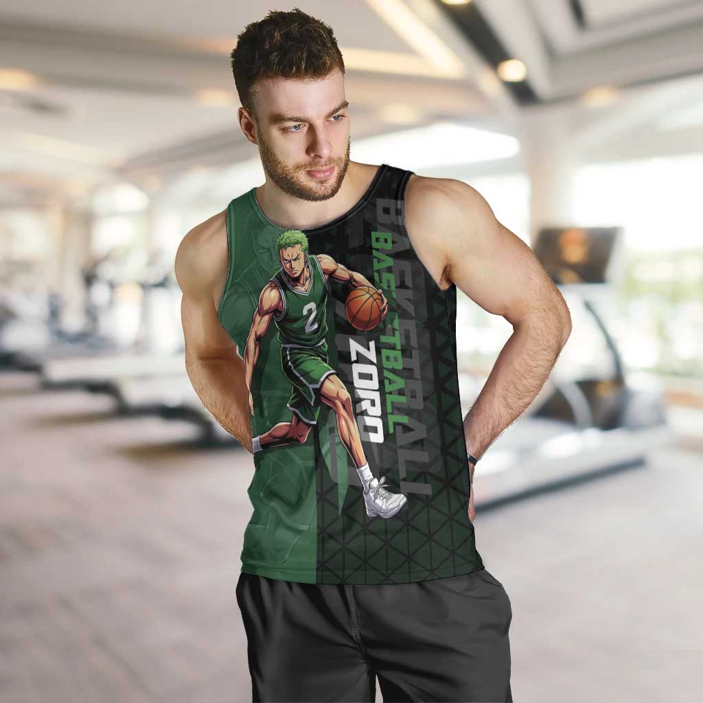 Zoro One Piece Basketball Theme Green and Black Design Men Tank Top with Swordsman Logo and Action Dribble Pose - The Mazicc