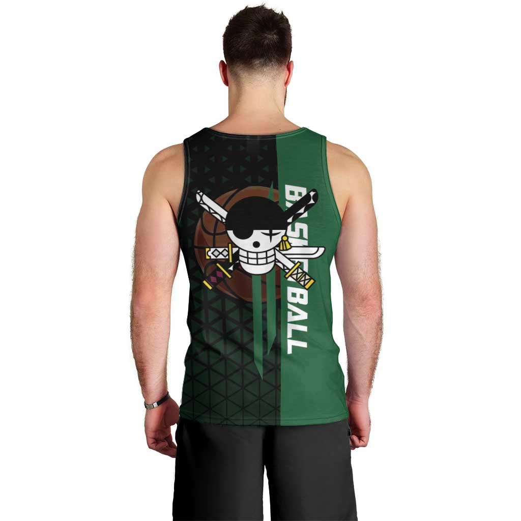 Zoro One Piece Basketball Theme Green and Black Design Men Tank Top with Swordsman Logo and Action Dribble Pose - The Mazicc