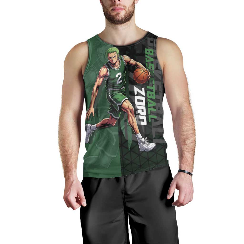 Zoro One Piece Basketball Theme Green and Black Design Men Tank Top with Swordsman Logo and Action Dribble Pose - The Mazicc