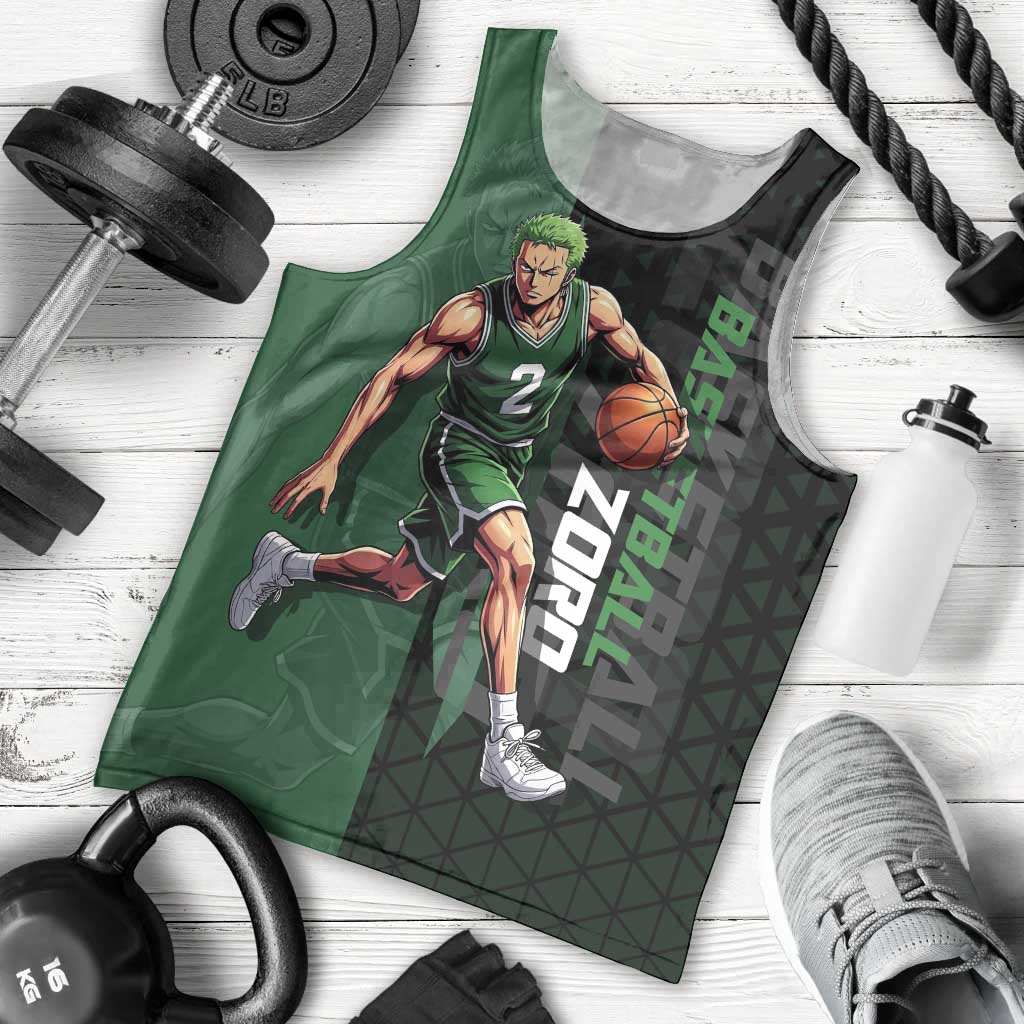 Zoro One Piece Basketball Theme Green and Black Design Men Tank Top with Swordsman Logo and Action Dribble Pose - The Mazicc