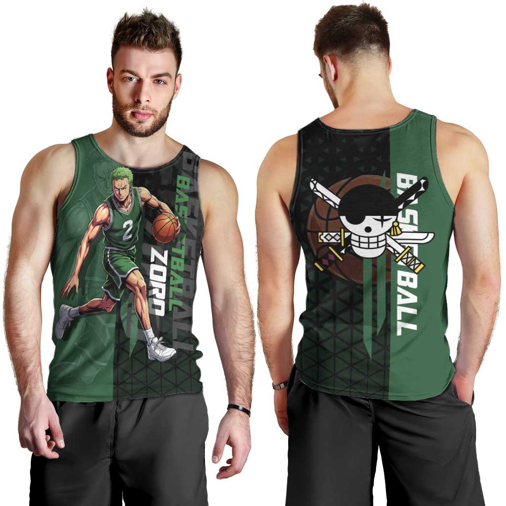 Zoro One Piece Basketball Theme Green and Black Design Men Tank Top with Swordsman Logo and Action Dribble Pose - The Mazicc
