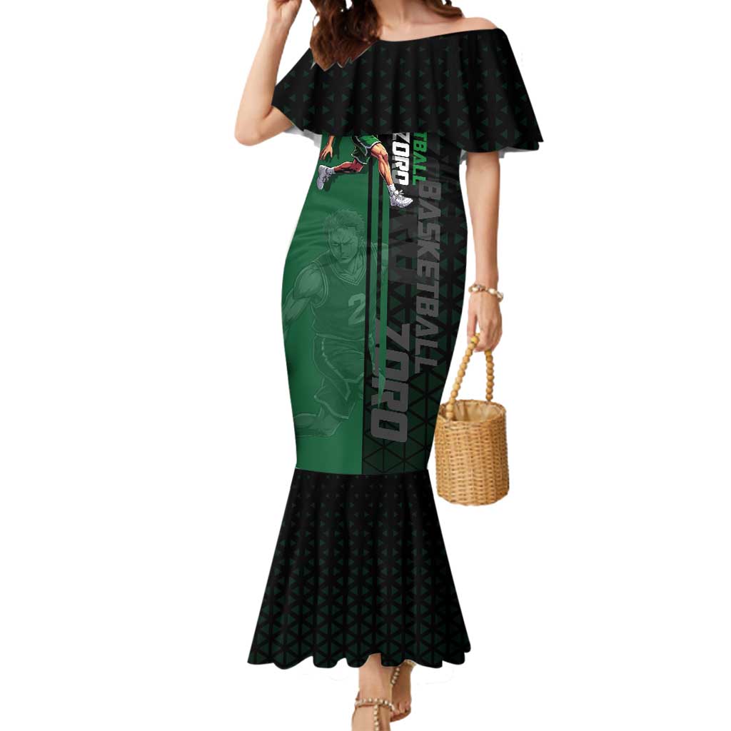 Zoro One Piece Basketball Theme Green and Black Design Mermaid Dress with Swordsman Logo and Action Dribble Pose - The Mazicc