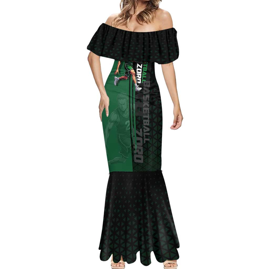 Zoro One Piece Basketball Theme Green and Black Design Mermaid Dress with Swordsman Logo and Action Dribble Pose - The Mazicc