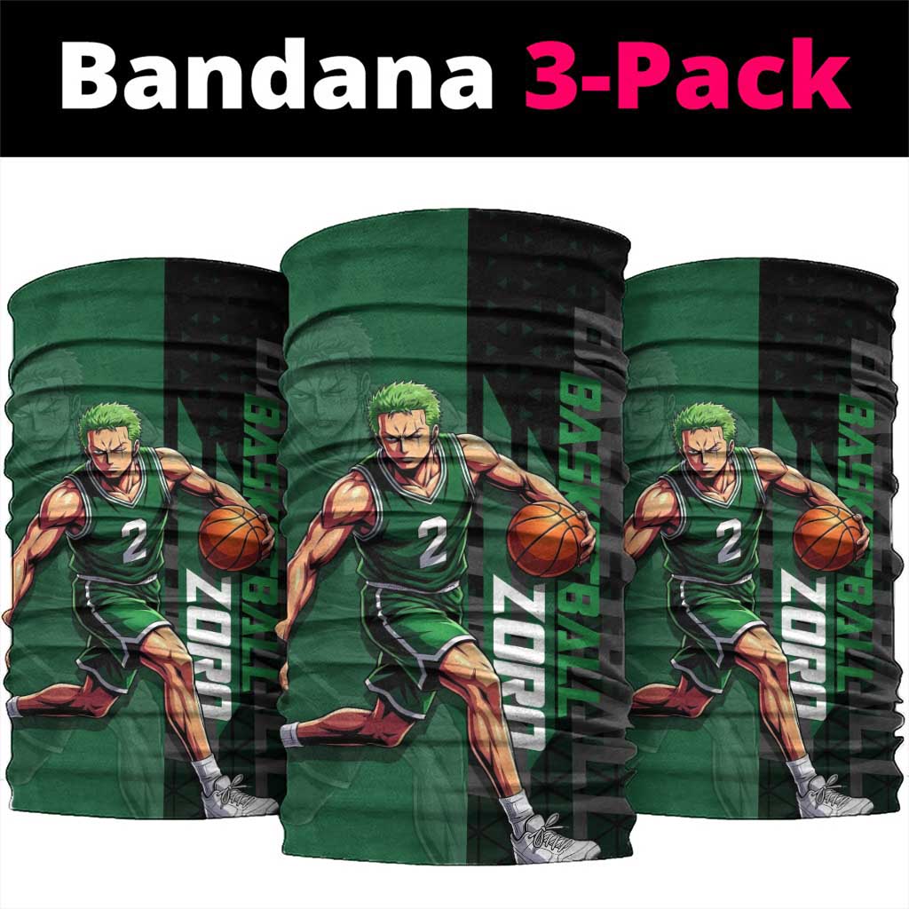Zoro One Piece Basketball Theme Green and Black Design Neck Gaiter with Swordsman Logo and Action Dribble Pose - The Mazicc