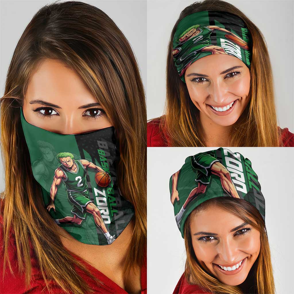 Zoro One Piece Basketball Theme Green and Black Design Neck Gaiter with Swordsman Logo and Action Dribble Pose - The Mazicc