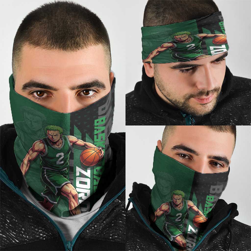Zoro One Piece Basketball Theme Green and Black Design Neck Gaiter with Swordsman Logo and Action Dribble Pose - The Mazicc