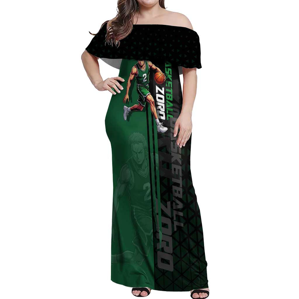 Zoro One Piece Basketball Theme Green and Black Design Off Shoulder Maxi Dress with Swordsman Logo and Action Dribble Pose - The Mazicc