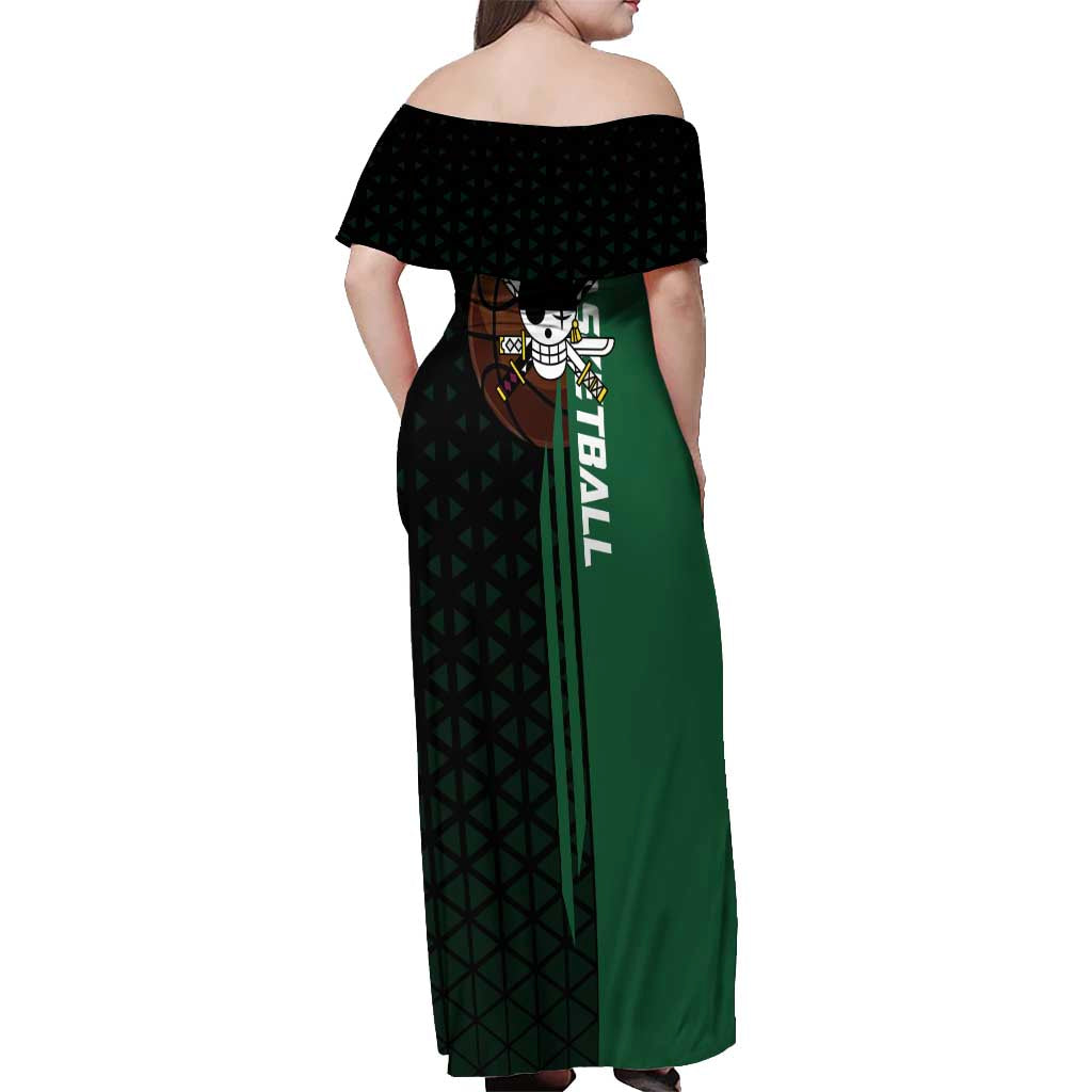 Zoro One Piece Basketball Theme Green and Black Design Off Shoulder Maxi Dress with Swordsman Logo and Action Dribble Pose - The Mazicc