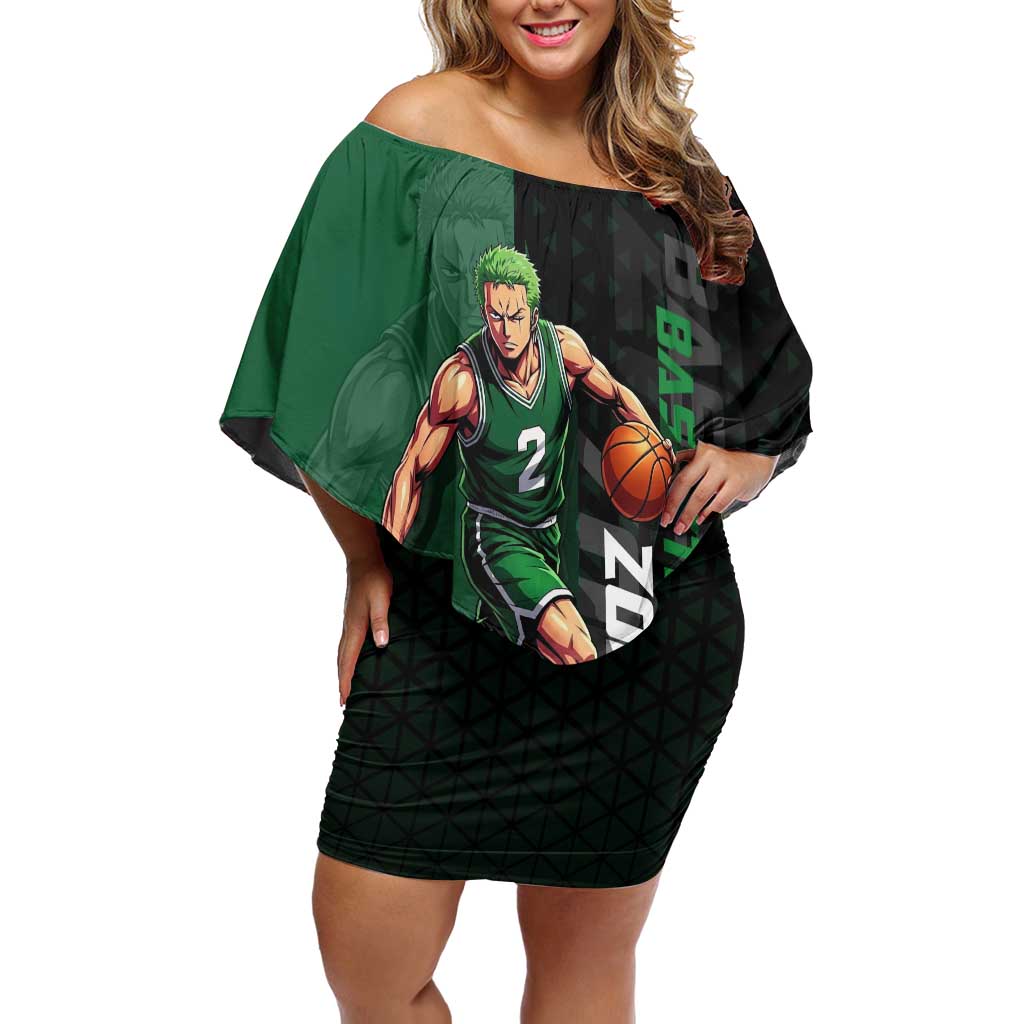 Zoro One Piece Basketball Theme Green and Black Design Off Shoulder Short Dress with Swordsman Logo and Action Dribble Pose - The Mazicc