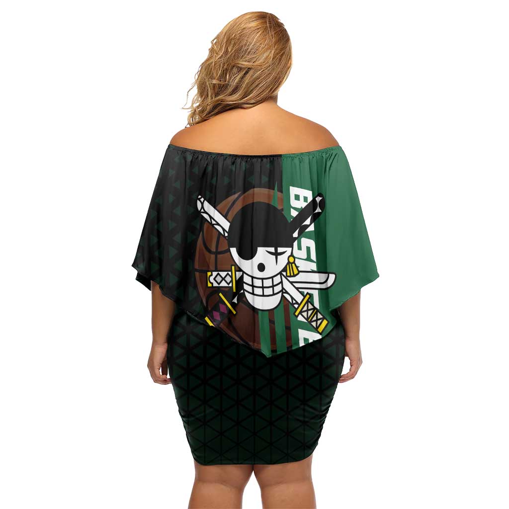 Zoro One Piece Basketball Theme Green and Black Design Off Shoulder Short Dress with Swordsman Logo and Action Dribble Pose - The Mazicc