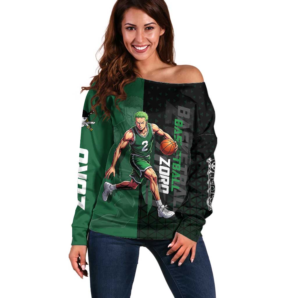 Zoro One Piece Basketball Theme Green and Black Design Off Shoulder Sweater with Swordsman Logo and Action Dribble Pose - The Mazicc