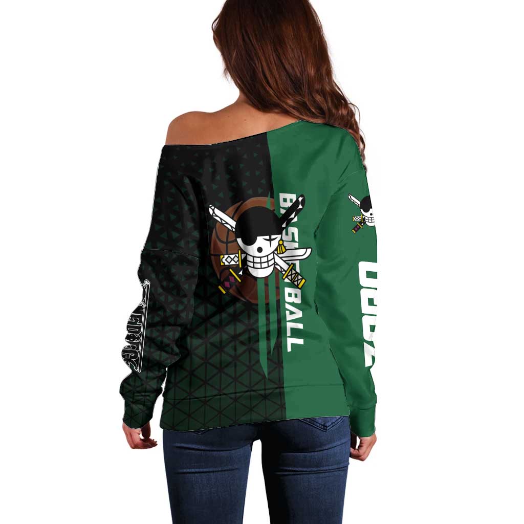 Zoro One Piece Basketball Theme Green and Black Design Off Shoulder Sweater with Swordsman Logo and Action Dribble Pose - The Mazicc