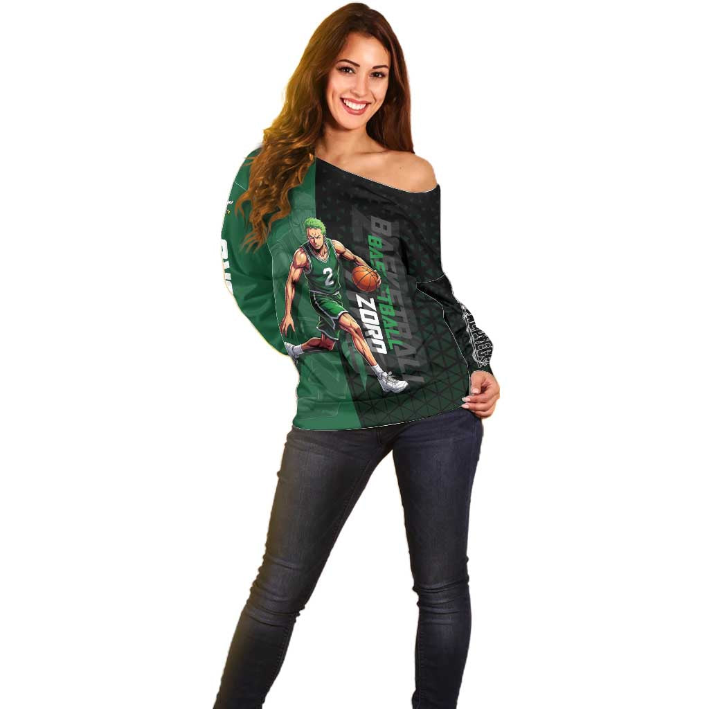 Zoro One Piece Basketball Theme Green and Black Design Off Shoulder Sweater with Swordsman Logo and Action Dribble Pose - The Mazicc