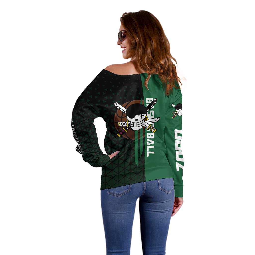 Zoro One Piece Basketball Theme Green and Black Design Off Shoulder Sweater with Swordsman Logo and Action Dribble Pose - The Mazicc