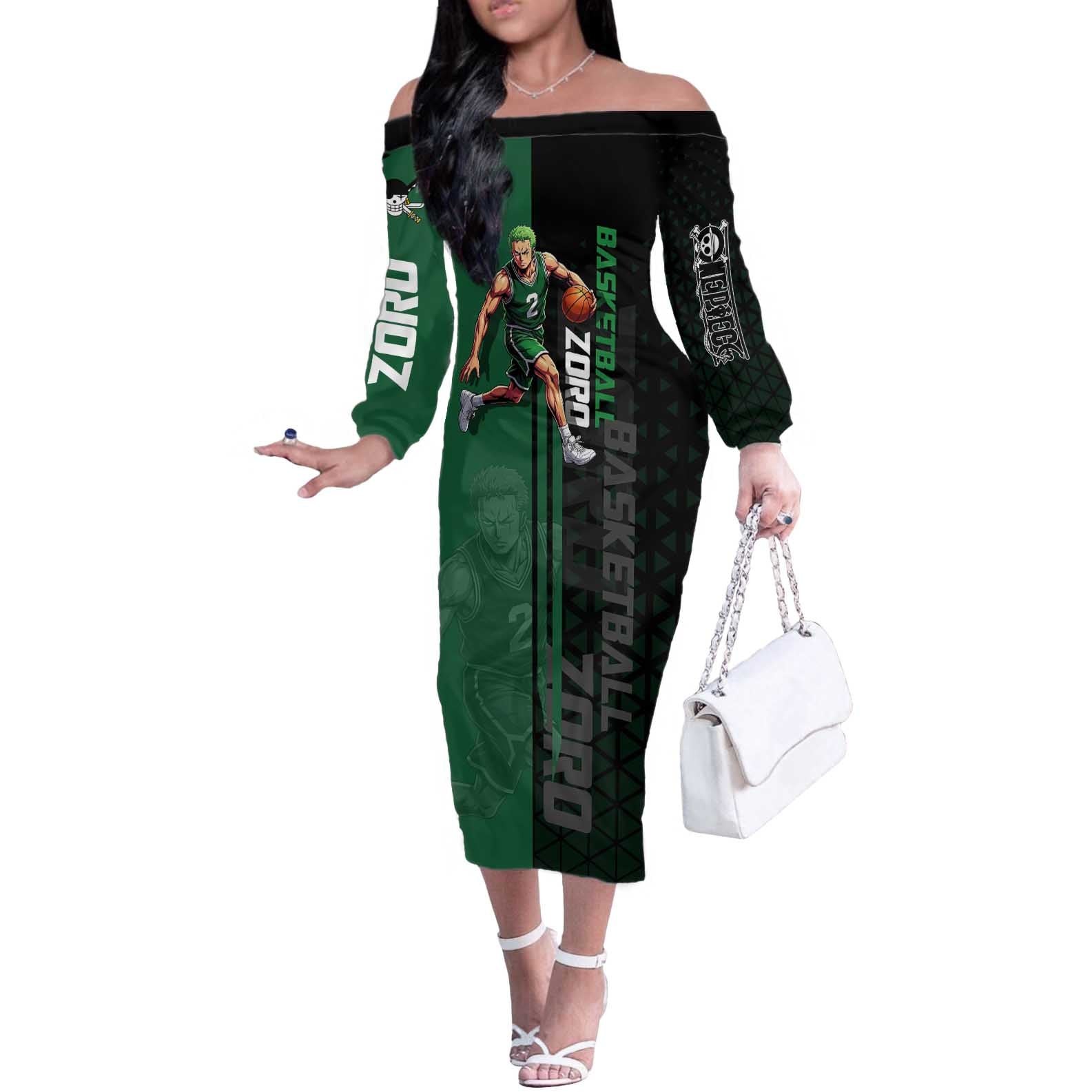 Zoro One Piece Basketball Theme Green and Black Design Off The Shoulder Long Sleeve Dress with Swordsman Logo and Action Dribble Pose - The Mazicc