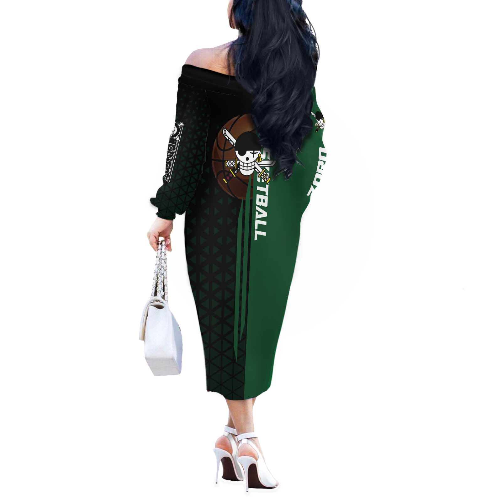 Zoro One Piece Basketball Theme Green and Black Design Off The Shoulder Long Sleeve Dress with Swordsman Logo and Action Dribble Pose - The Mazicc