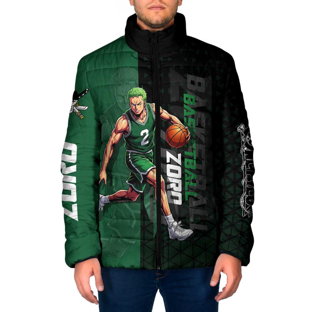 Zoro One Piece Basketball Theme Green and Black Design Padded Jacket with Swordsman Logo and Action Dribble Pose - The Mazicc