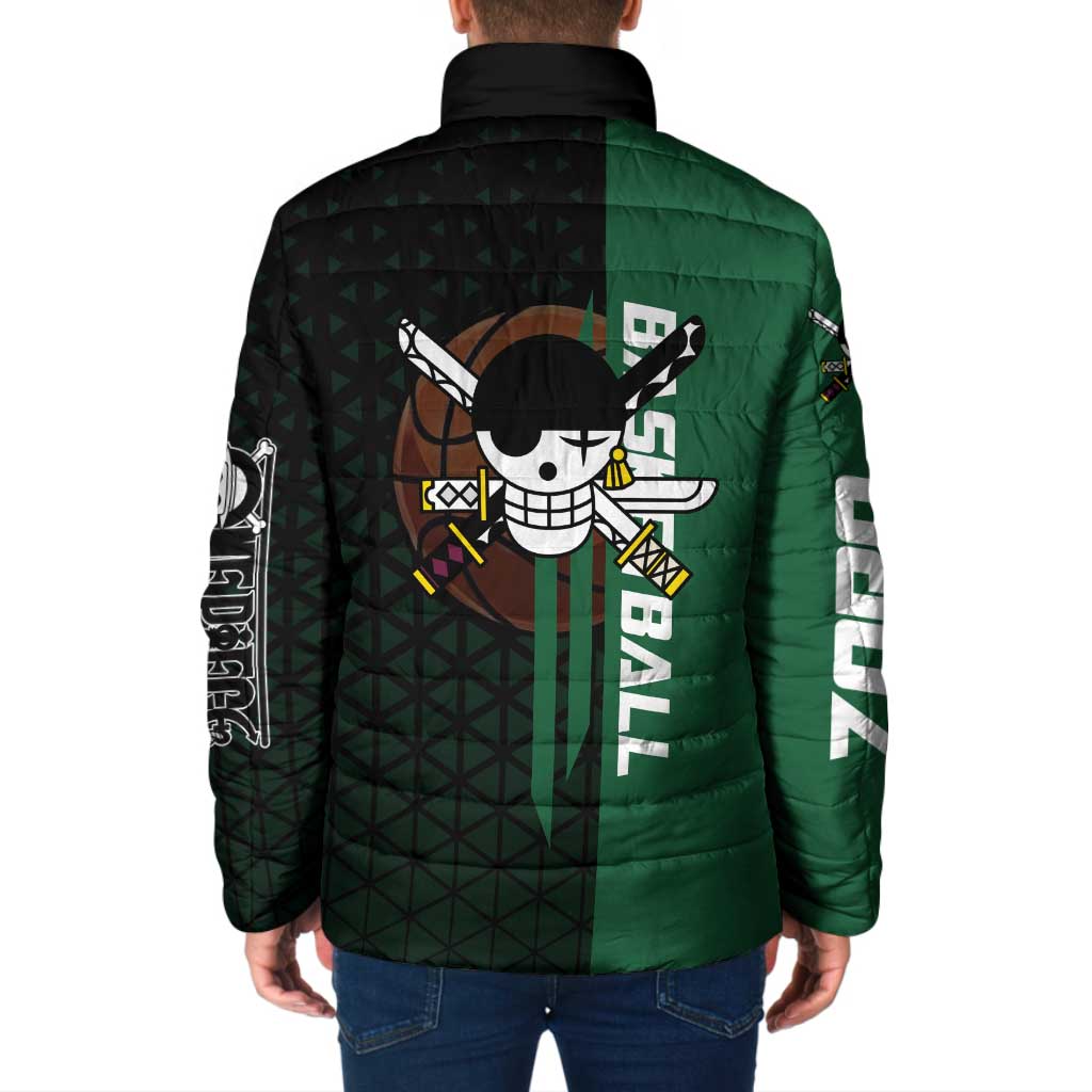 Zoro One Piece Basketball Theme Green and Black Design Padded Jacket with Swordsman Logo and Action Dribble Pose - The Mazicc