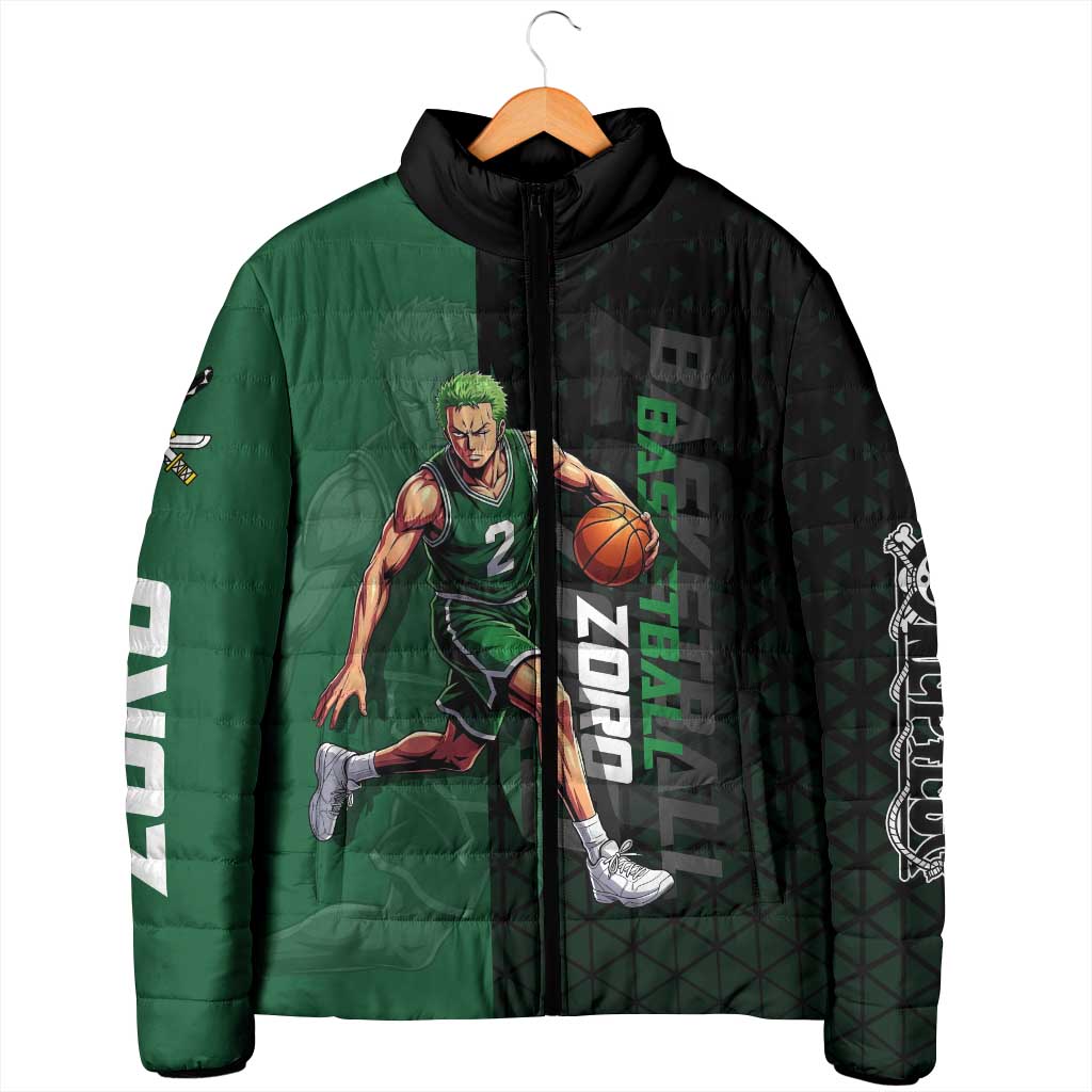 Zoro One Piece Basketball Theme Green and Black Design Padded Jacket with Swordsman Logo and Action Dribble Pose - The Mazicc