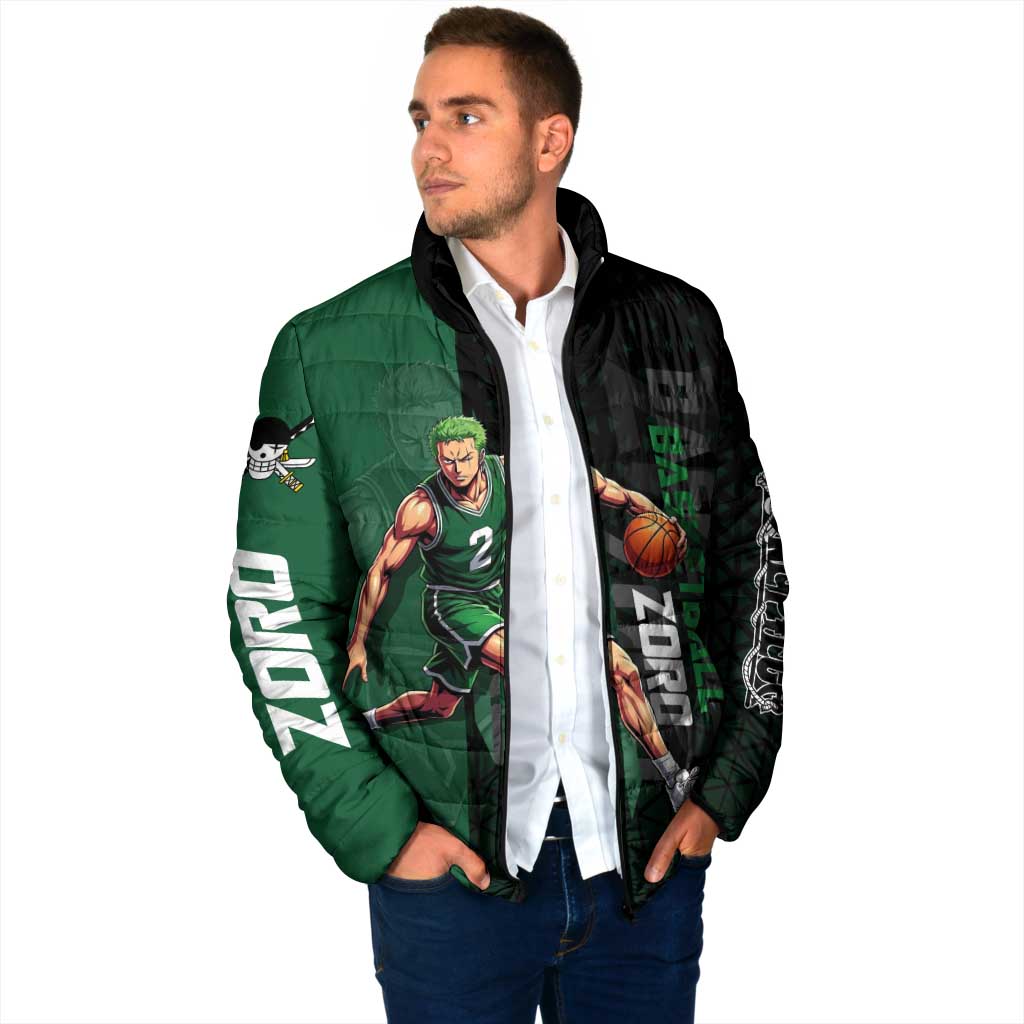 Zoro One Piece Basketball Theme Green and Black Design Padded Jacket with Swordsman Logo and Action Dribble Pose - The Mazicc