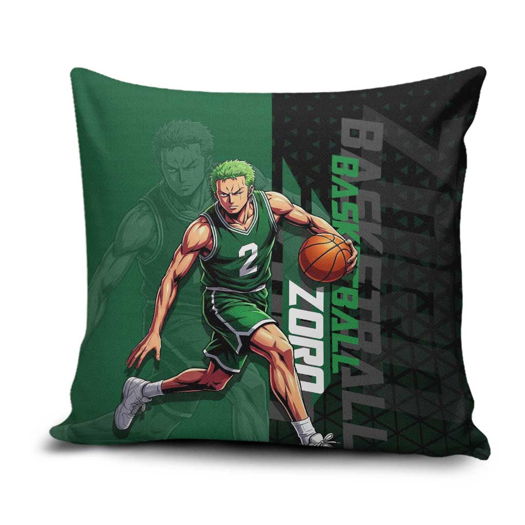 Zoro One Piece Basketball Theme Green and Black Design Pillow Cover with Swordsman Logo and Action Dribble Pose - The Mazicc