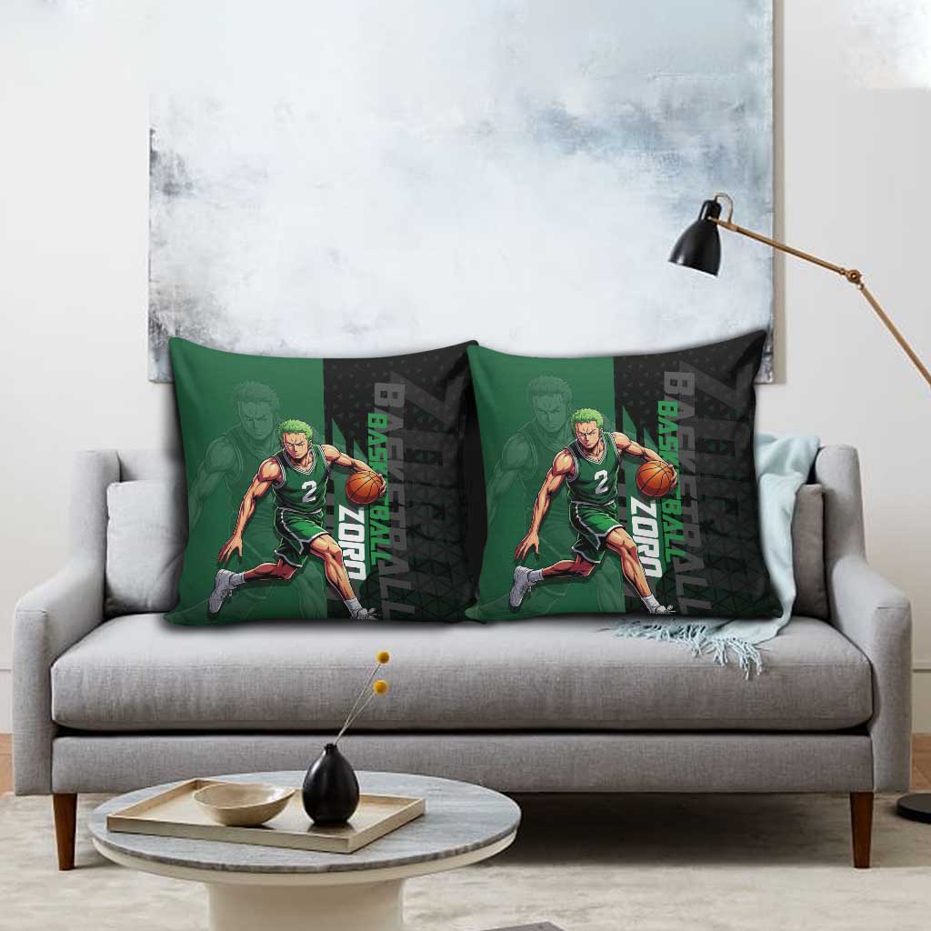 Zoro One Piece Basketball Theme Green and Black Design Pillow Cover with Swordsman Logo and Action Dribble Pose - The Mazicc