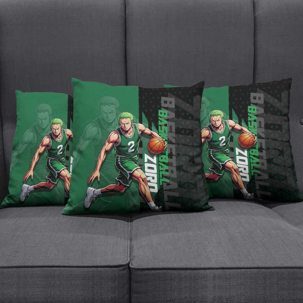 Zoro One Piece Basketball Theme Green and Black Design Pillow Cover with Swordsman Logo and Action Dribble Pose - The Mazicc
