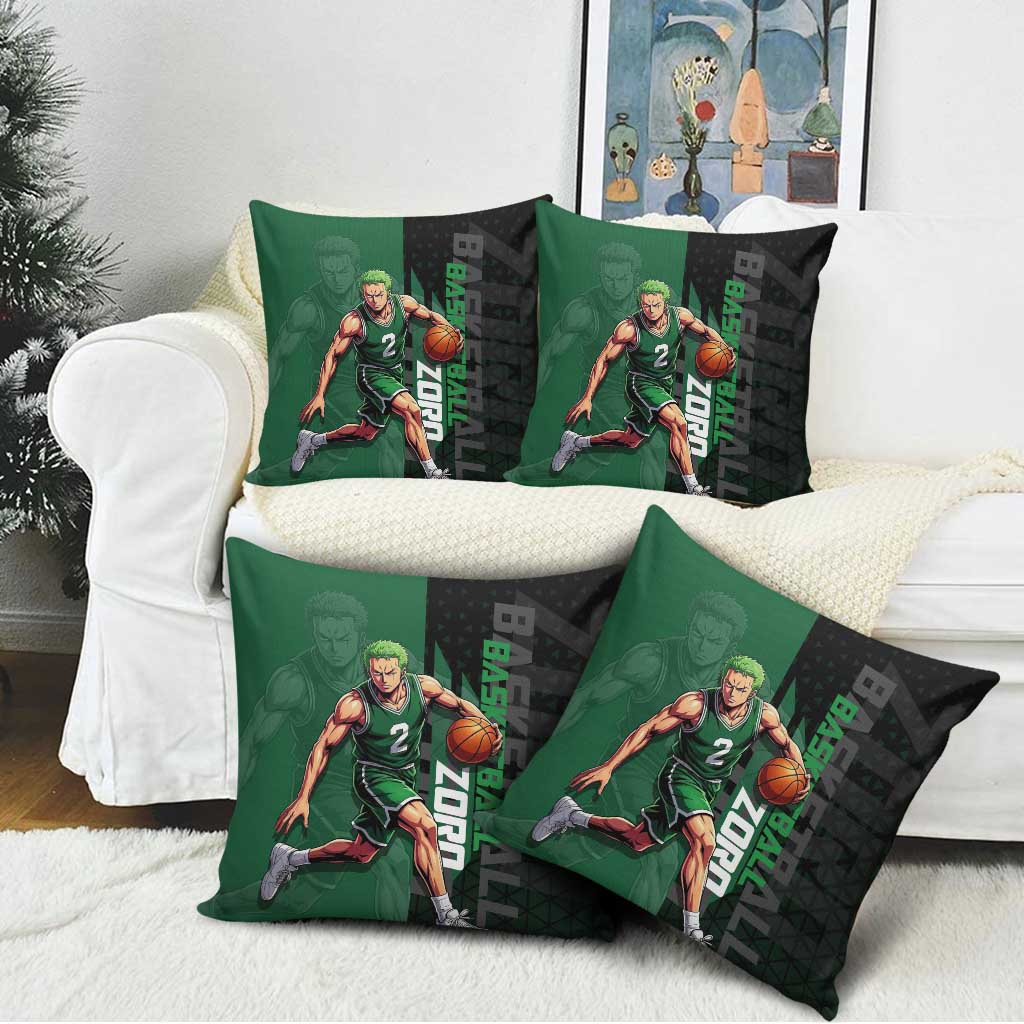 Zoro One Piece Basketball Theme Green and Black Design Pillow Cover with Swordsman Logo and Action Dribble Pose - The Mazicc