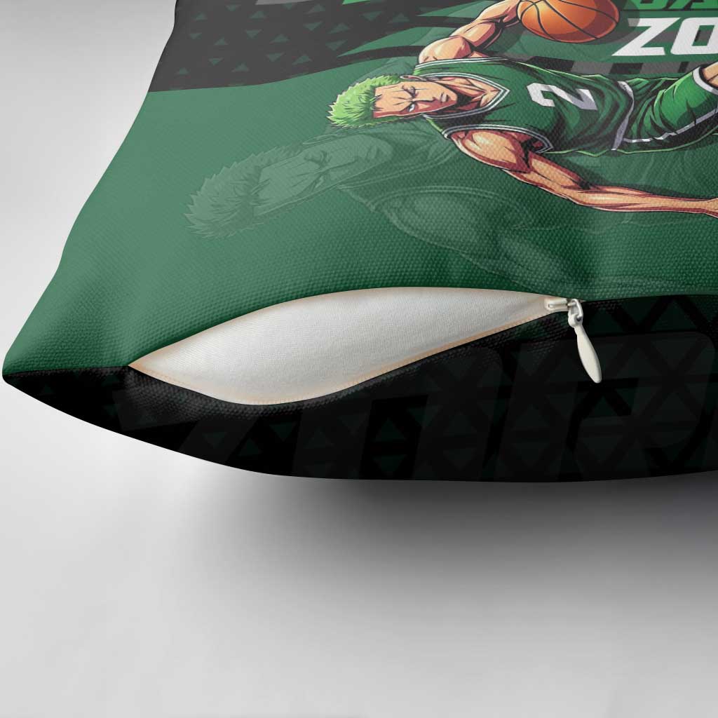 Zoro One Piece Basketball Theme Green and Black Design Pillow Cover with Swordsman Logo and Action Dribble Pose - The Mazicc