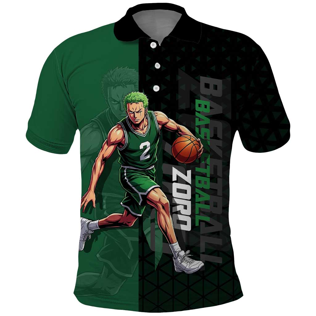 Zoro One Piece Basketball Theme Green and Black Design Polo Shirt with Swordsman Logo and Action Dribble Pose - The Mazicc