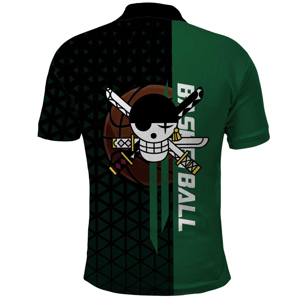 Zoro One Piece Basketball Theme Green and Black Design Polo Shirt with Swordsman Logo and Action Dribble Pose - The Mazicc